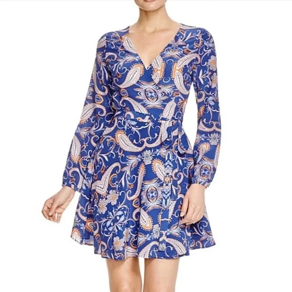 Yumi Kim Carla Wrap Dress Size M Silk Blue Orange Paisley Floral Long Sleeve